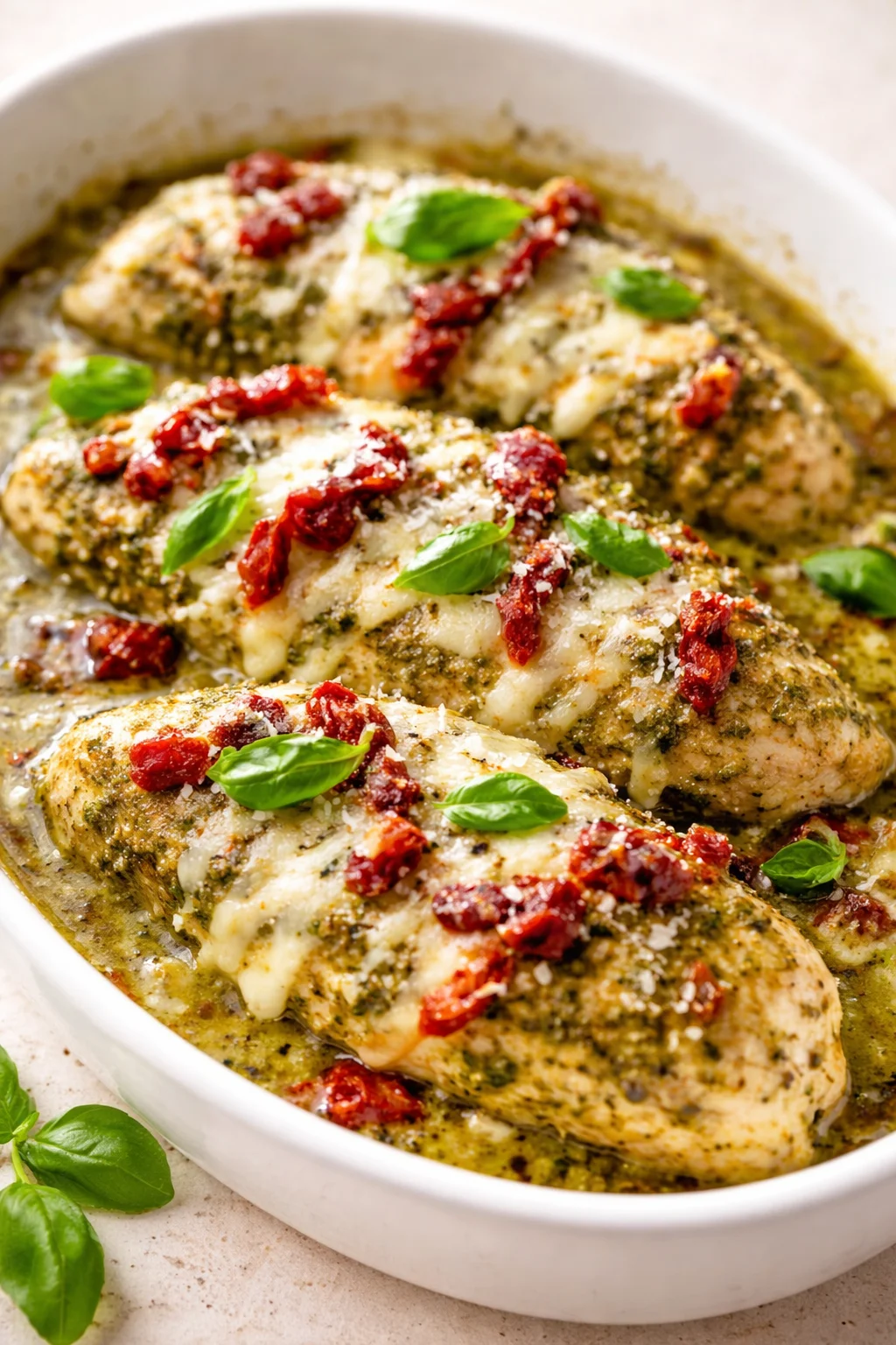 baked chicken breasts with melted cheese, pesto, sun-dried tomatoes, and fresh basil in a white dish