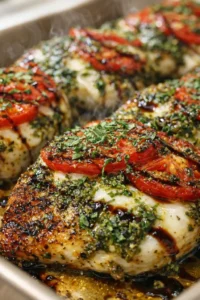 Golden-brown herb-crusted chicken topped with tomato slices and chopped parsley, steamed and glazed
