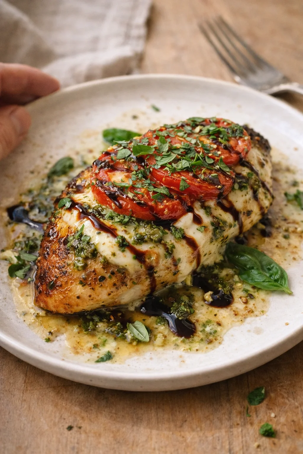 golden-brown chicken breast topped with roasted tomatoes and chopped herbs, served with a creamy herb sauce and balsamic glaze.