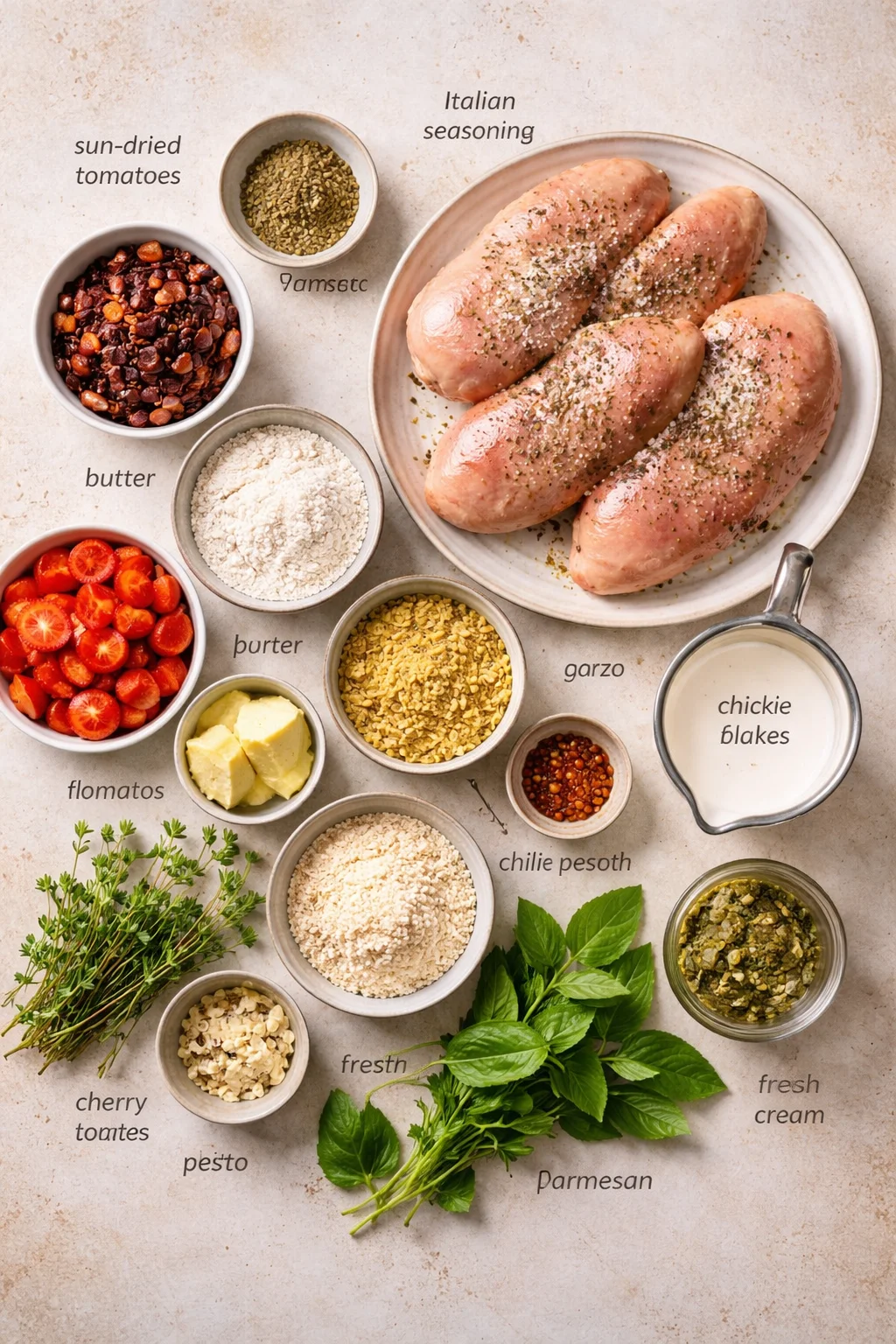 Top-down view of raw chicken breasts surrounded by bowls of spices, herbs, and dairy on a beige countertop.