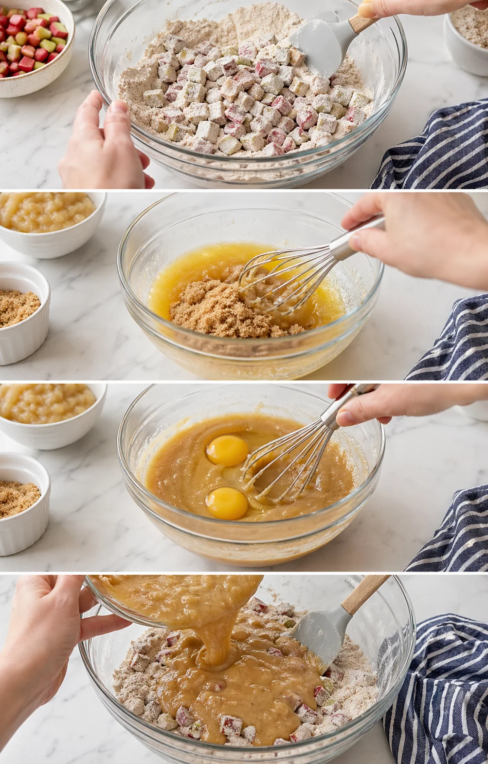 Wet batter being poured into bowl of floured rhubarb while melted butter and whisked applesauce sit nearby