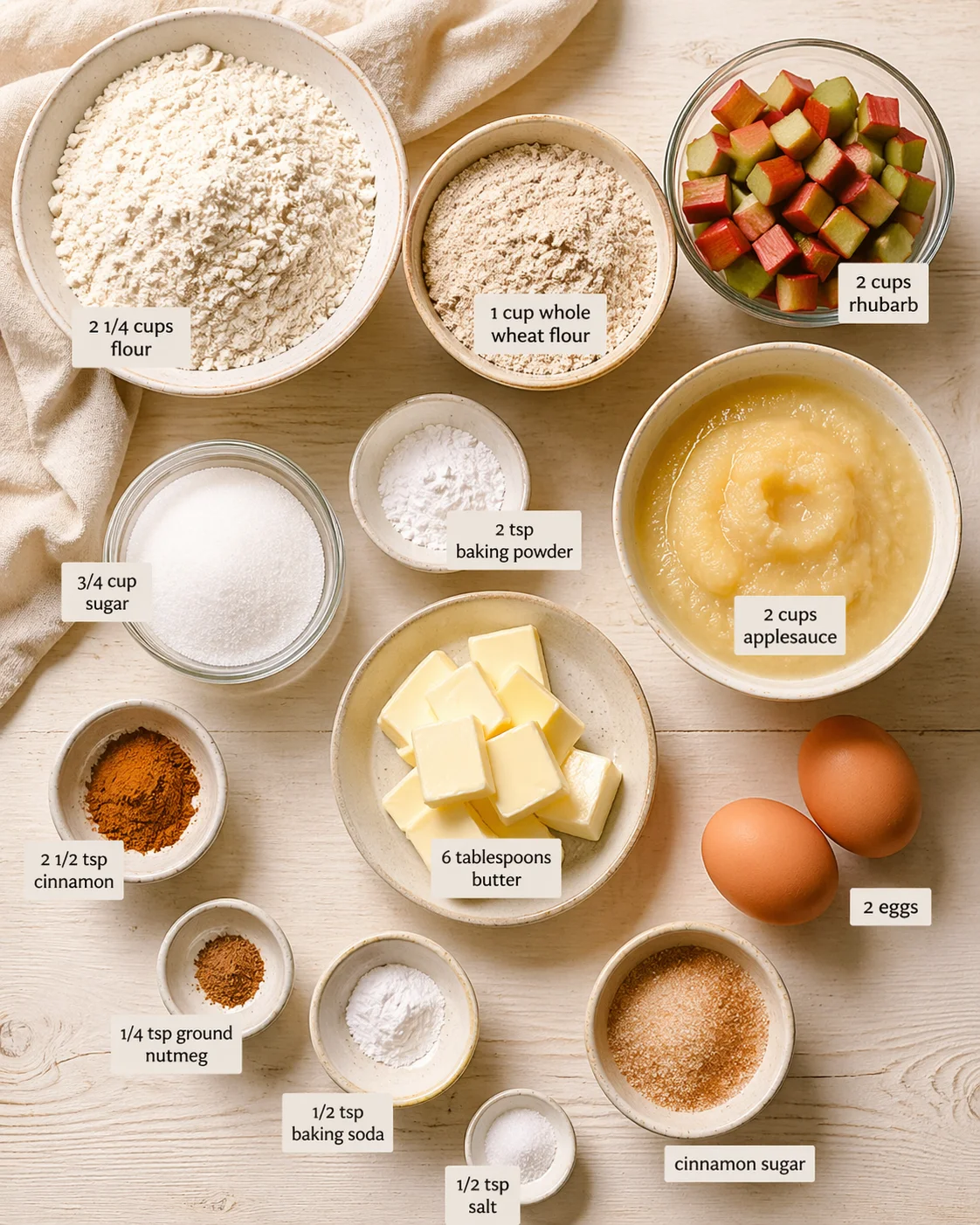 Measured ingredients arranged for Whole Wheat Rhubarb Applesauce Muffins: 2 1/4 cups flour (I always reach for King Arthur all-purpose flour—it’s super reliable every time), 1 cup whole wheat flour, 2 tsp baking powder, 