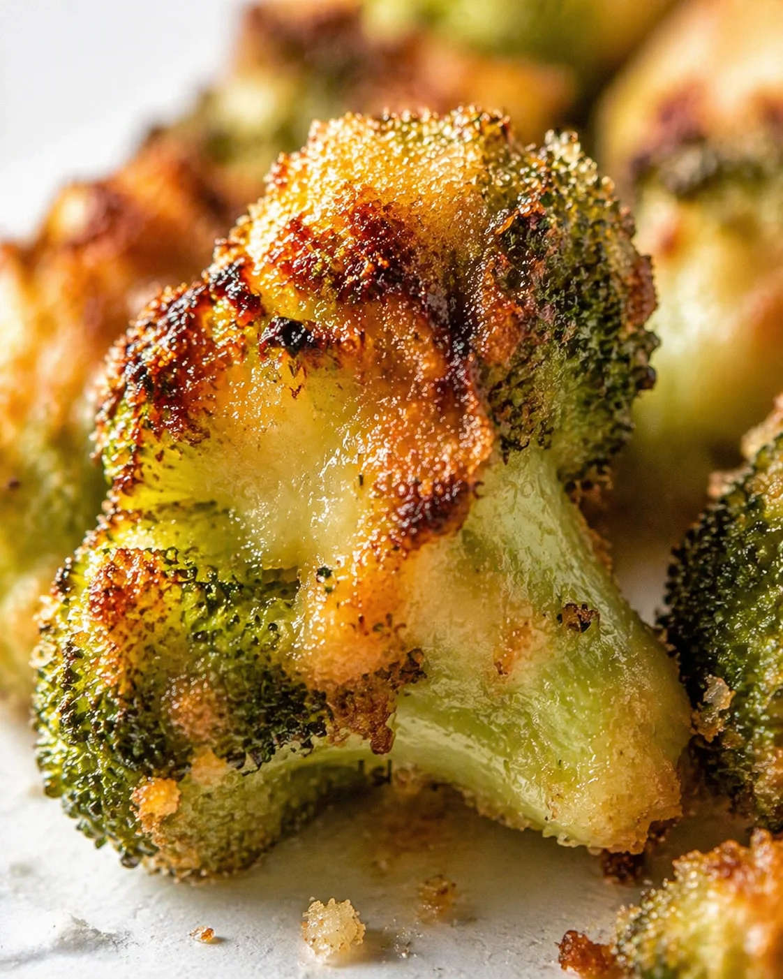 Tight detail shot of Crispy Air Fryer Broccoli Bites highlighting texture
