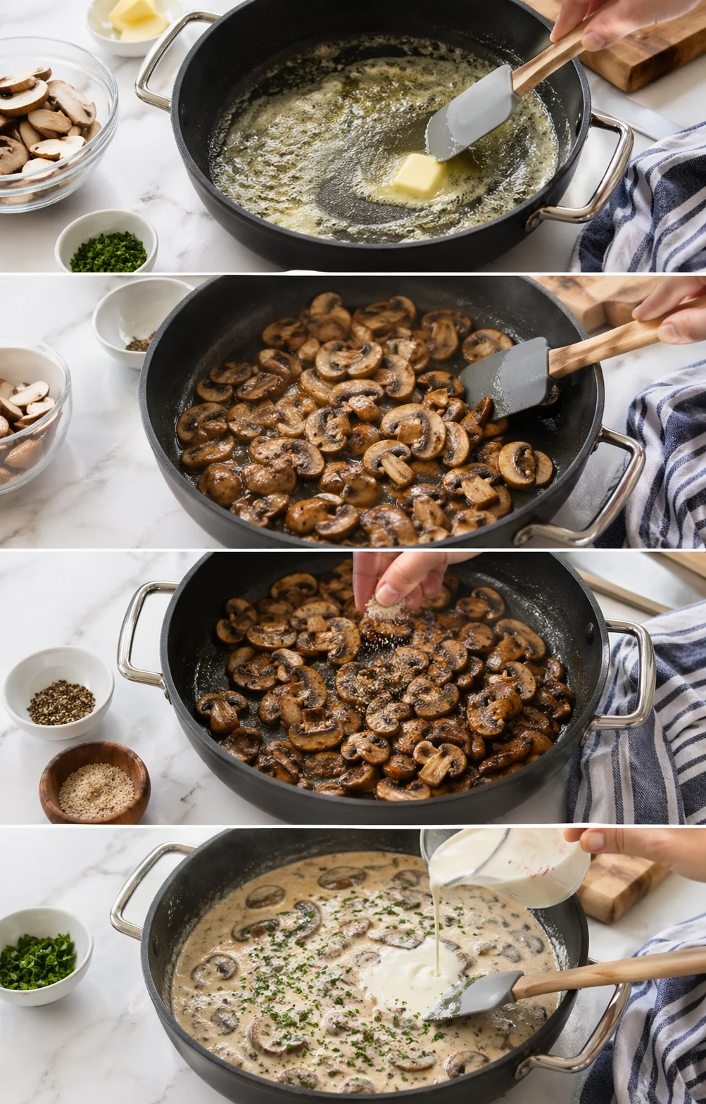 Mushrooms sizzling in a skillet with foamy butter, cream added, sauce beginning to thicken.