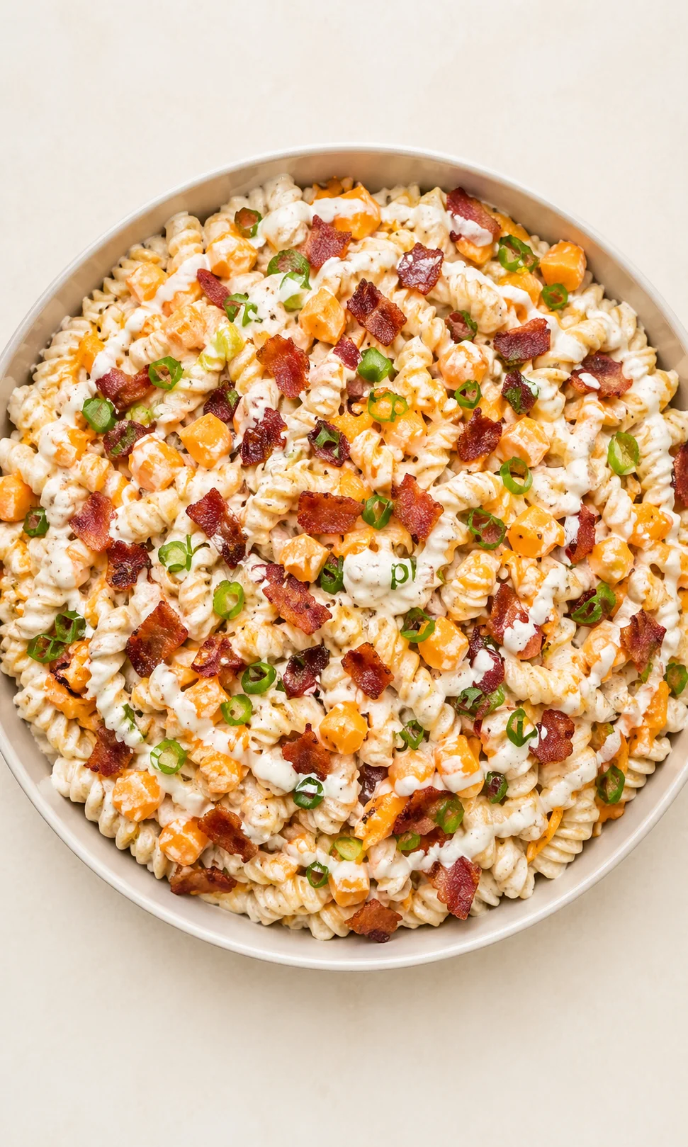 Straight-down overhead view of Bacon Cheddar Ranch Pasta Salad: Your New BBQ Essential!