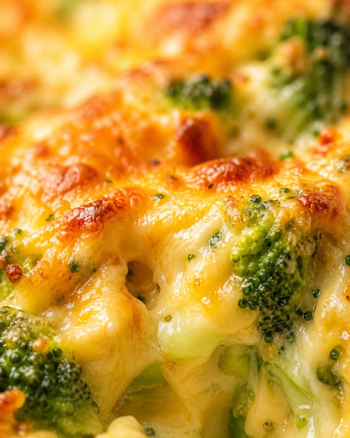 Tight detail shot of Broccoli Cheese Casserole Recipe highlighting texture