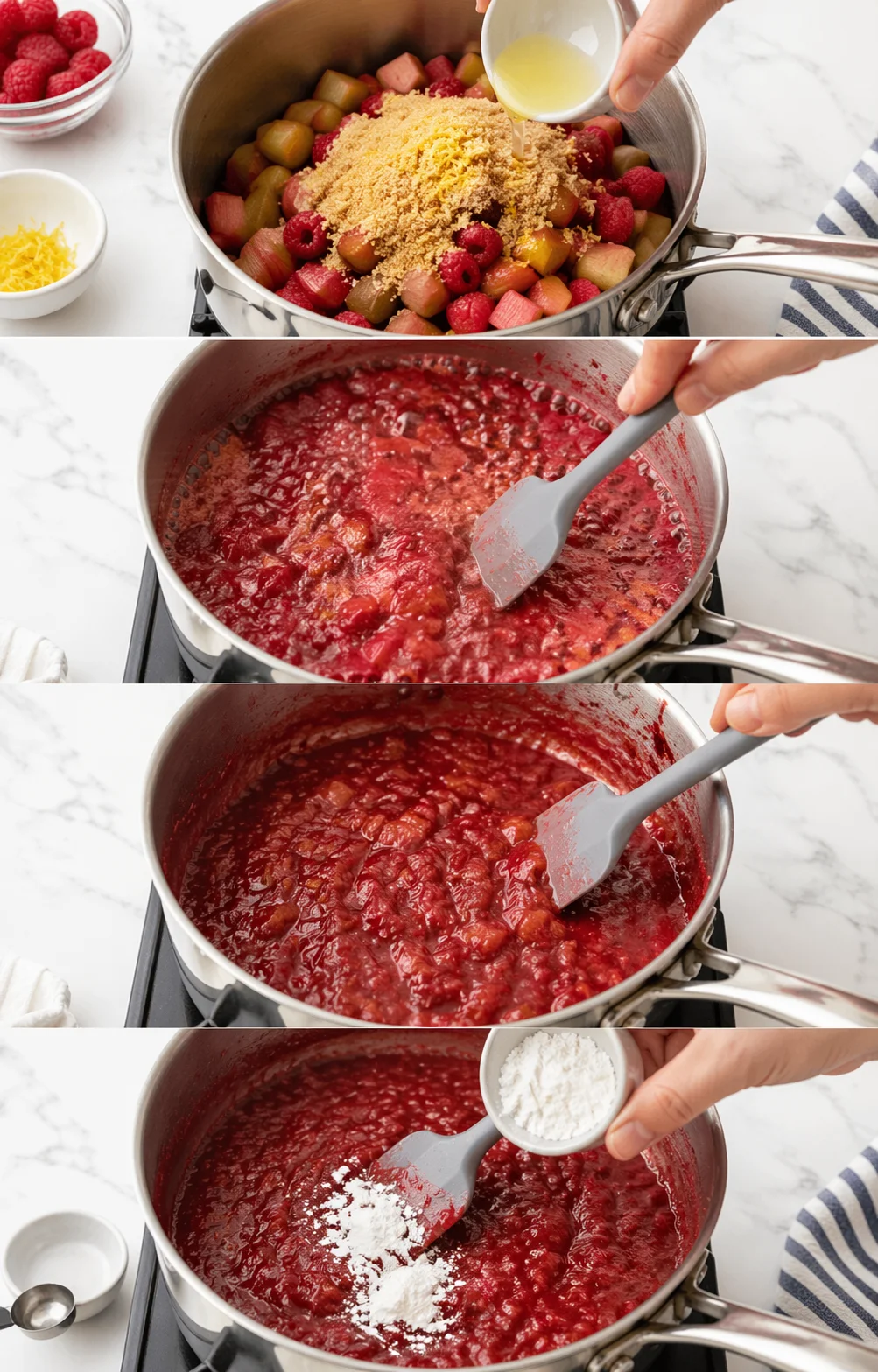 Saucepan of chunky rhubarb-raspberry mixture bubbling as spoon stirs and white starch sprinkles.