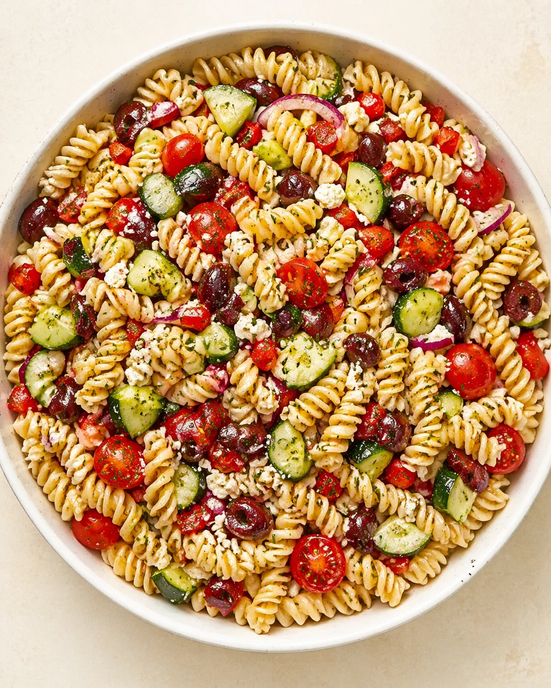 Straight-down overhead view of Irresistible Mediterranean Pasta Salad