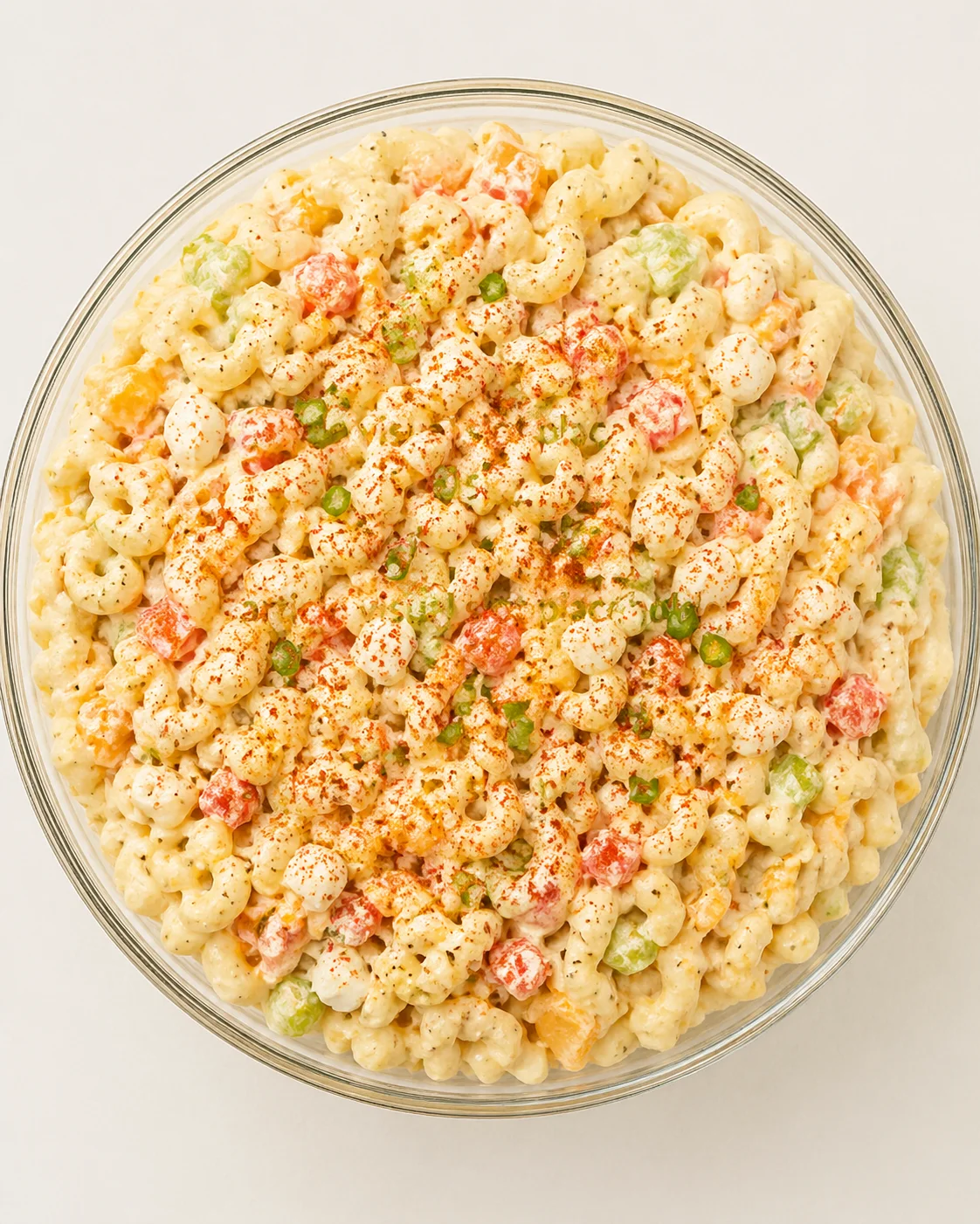Straight-down overhead view of Dolly Parton's Macaroni Salad: Ultimate Creamy Comfort Dish