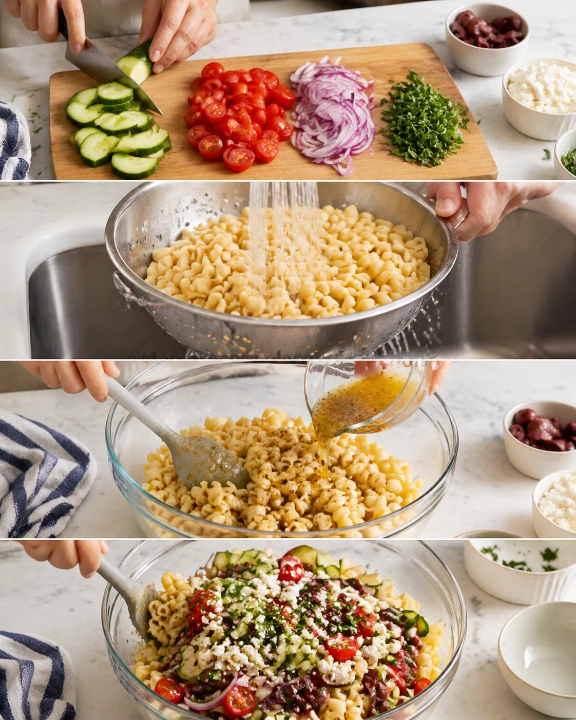 Dressed warm pasta in large bowl tossed with cucumber, halved tomatoes, red onion, olives, feta, parsley