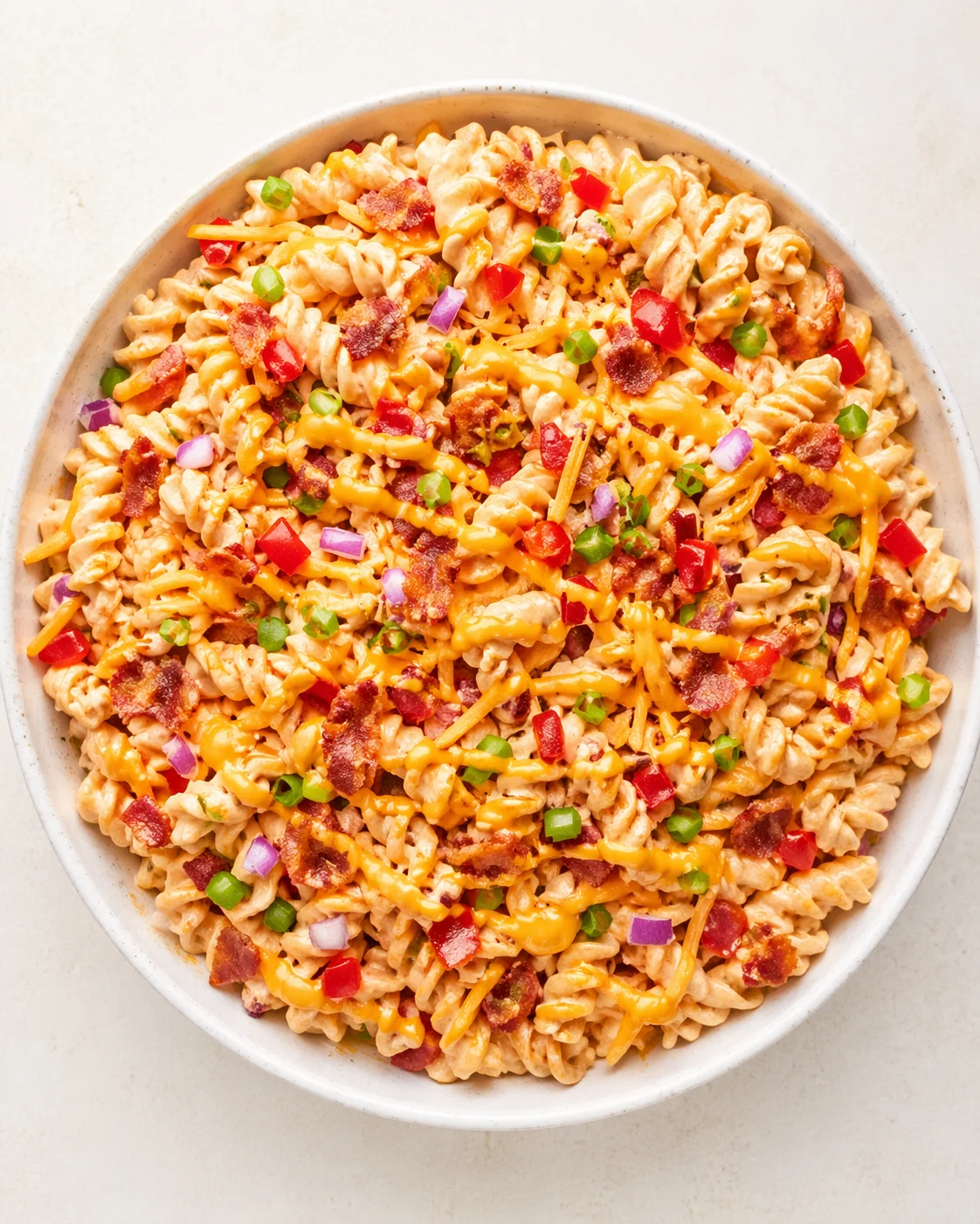 Straight-down overhead view of Addictive Crack Pasta Salad: The Perfect Summer Delight