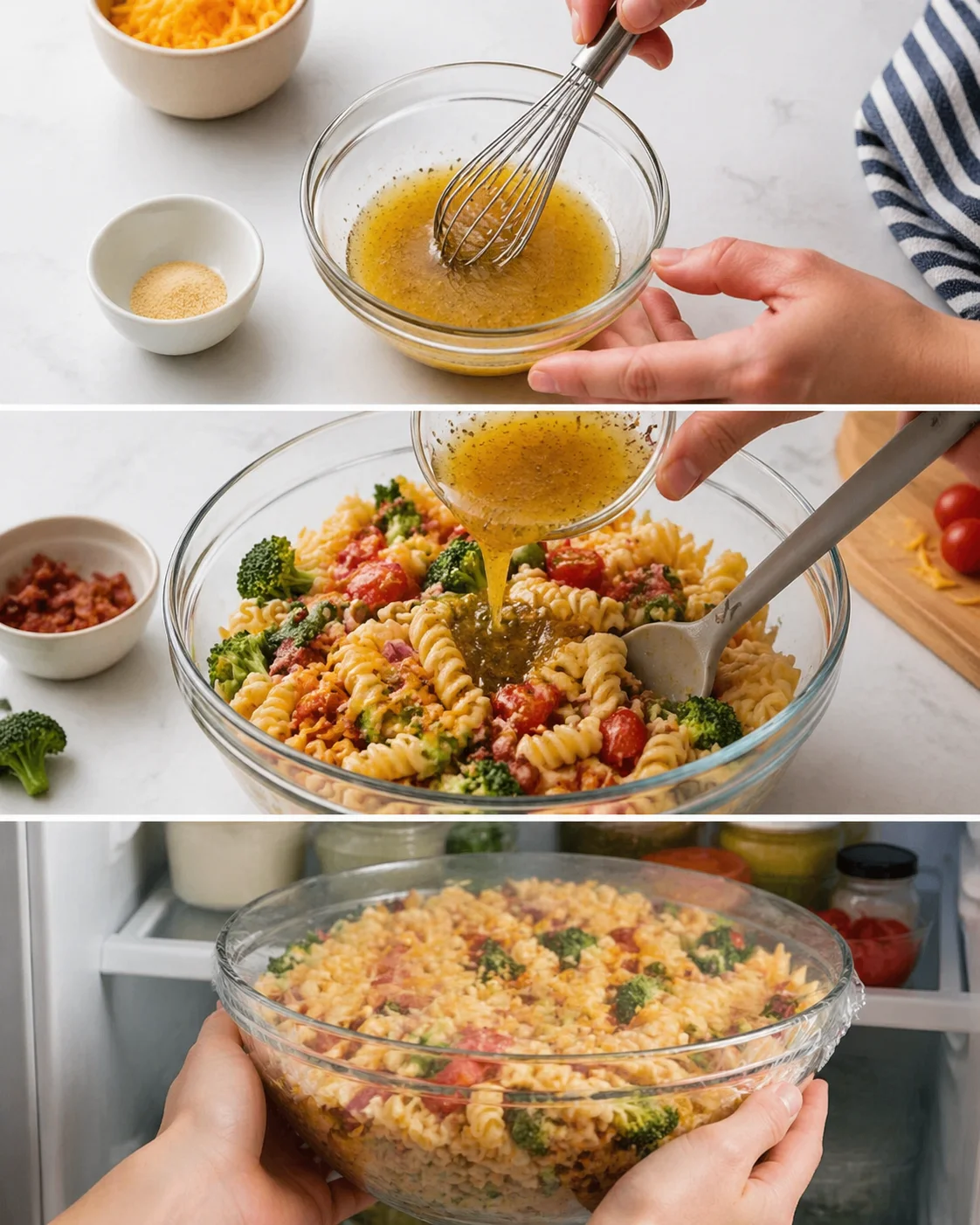 Italian dressing whisked and poured over pasta salad, tossed in bowl ready to chill