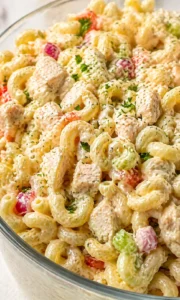 Final plated Ultimate Cold Chicken Macaroni Salad: A Delicious Summer Treat served as a hero shot