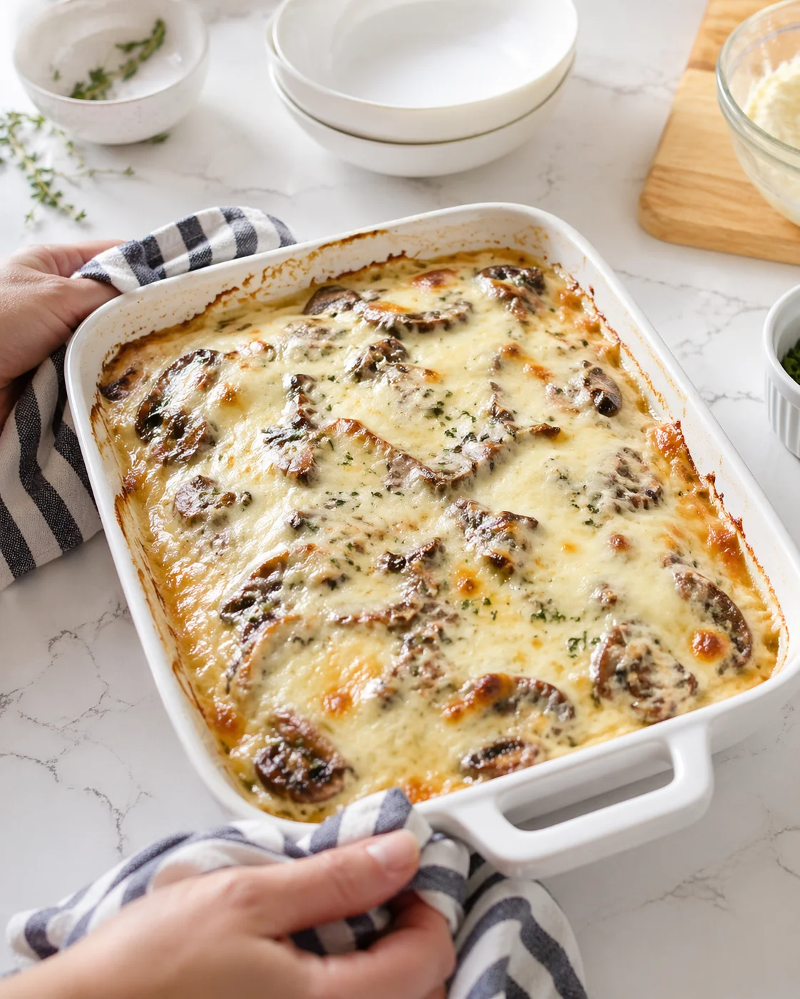 Baked casserole resting on a cooling rack, cheese settled and steam gently rising.