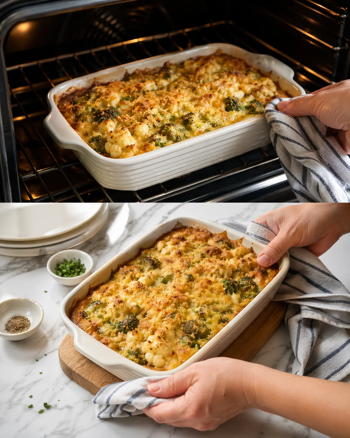 Golden-brown casserole bubbling at edges on a cooling rack, resting before serving