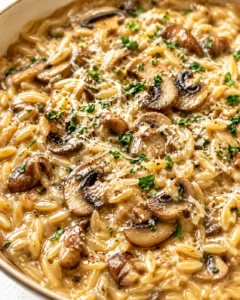 Final plated Tasty Orzo with Mushrooms served as a hero shot
