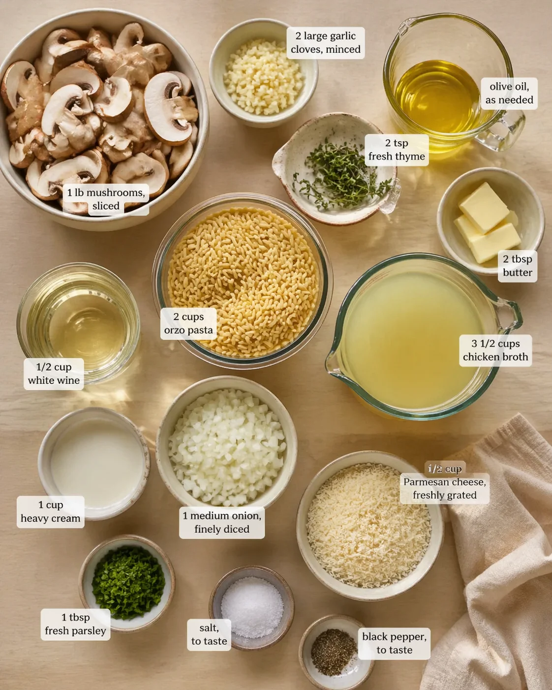 Measured ingredients arranged for Tasty Orzo with Mushrooms: 2 large garlic cloves (minced to spread flavor evenly), salt, to taste, olive oil, as needed, 1/2 cup Parmesan cheese (freshly grated for maximum flavor), 2 ts