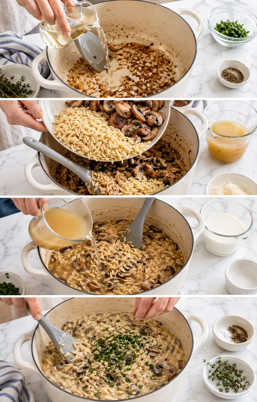 Orzo and browned mushrooms added to pot as white wine reduces and broth is poured.