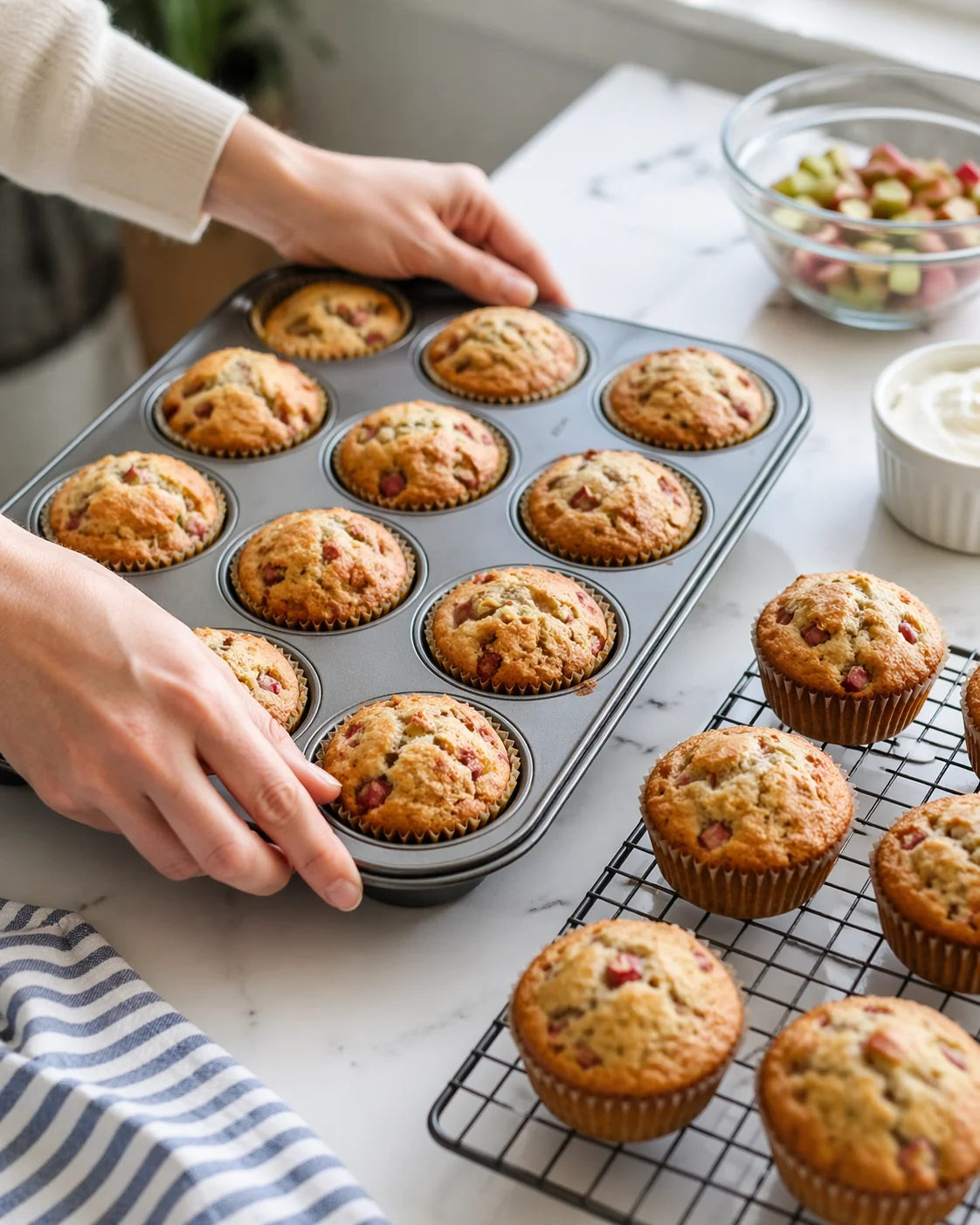 Muffins cooling on a wire rack, a few still in the pan with steam rising.