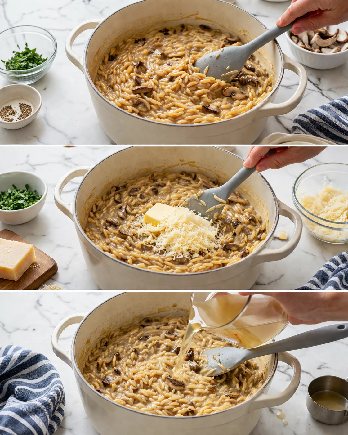 Creamy orzo simmering in the pot while butter and grated Parmesan are stirred in.