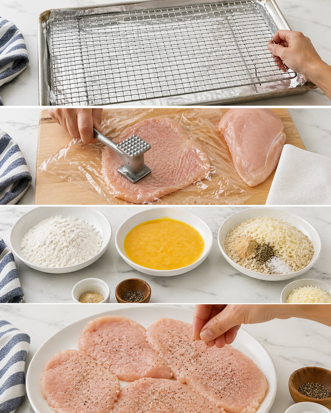 Foil-lined rimmed baking sheet with wire rack, pounded chicken breasts and three prep bowls.