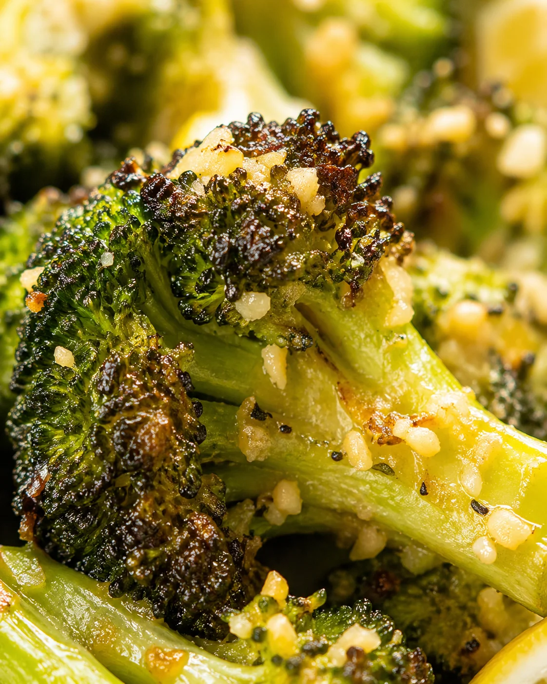 Tight detail shot of Lemon Garlic Roasted Broccoli Flavored and Savory Dish highlighting texture