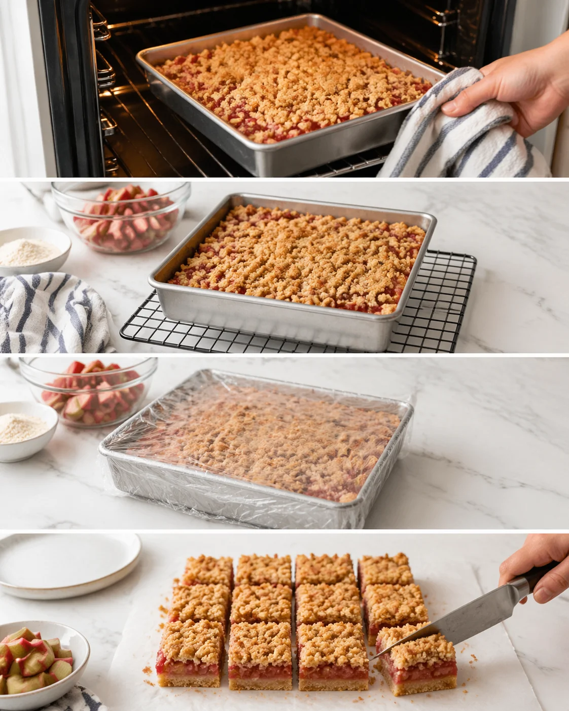 Golden oat rhubarb bars cooling in pan, hand slicing chilled bars into neat squares.