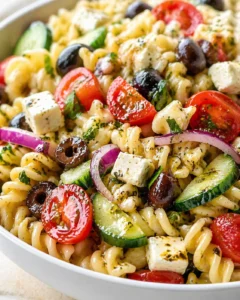Final plated Irresistible Mediterranean Pasta Salad served as a hero shot