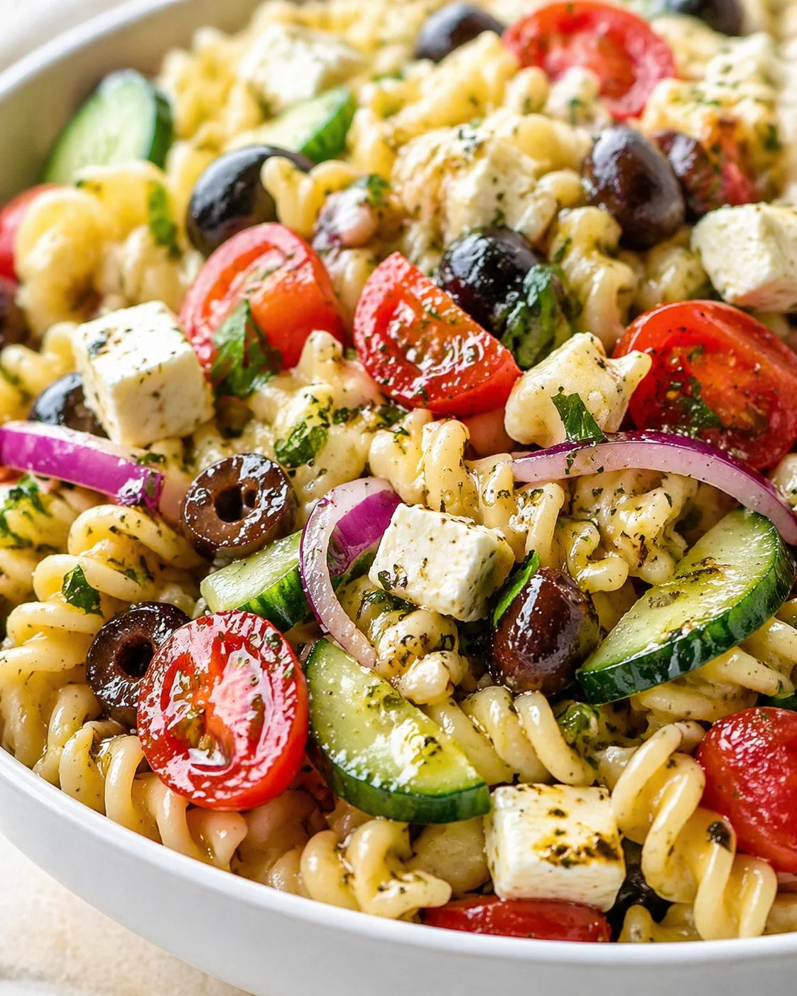 Final plated Irresistible Mediterranean Pasta Salad served as a hero shot