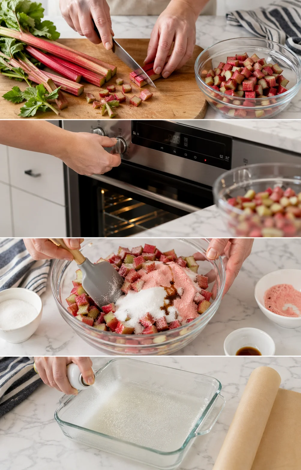 Chopped rhubarb pieces coated with granulated sugar and strawberry gelatin in a large bowl.