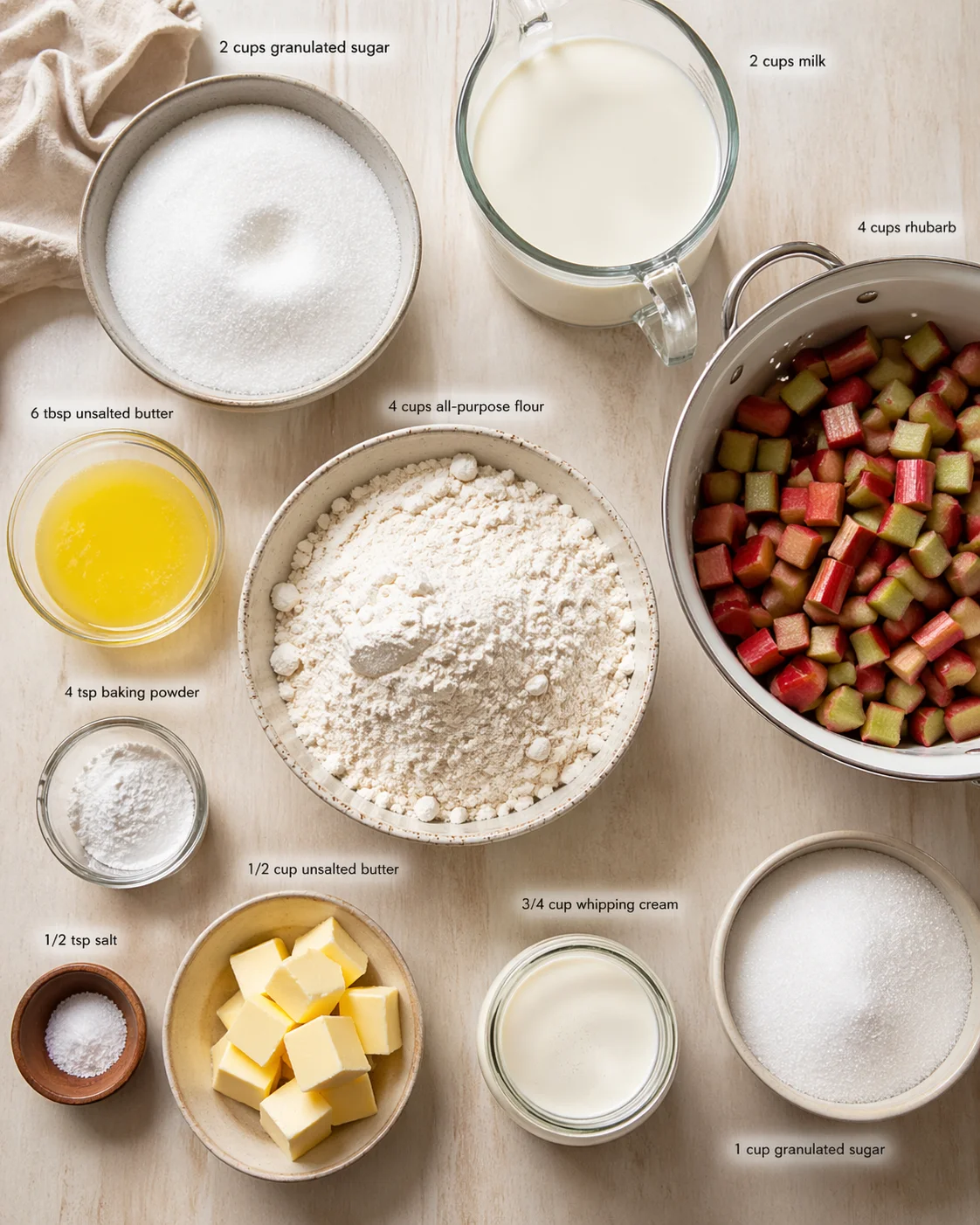 Measured ingredients arranged for Warm Rhubarb Cake with Butter Sauce: 2 cups granulated sugar, 6 tbsp unsalted butter (melted and cooled slightly), 2 cups milk (whole milk gives a richer finish), 4 tsp baking powder, 1/