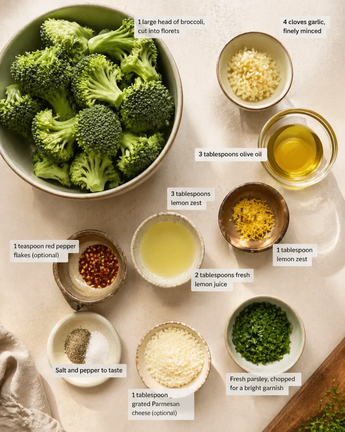 Measured ingredients arranged for Lemon Garlic Roasted Broccoli Flavored and Savory Dish: 1 large head of broccoli, cut into florets, 4 cloves garlic, finely minced, 3 tablespoons olive oil, 1 tablespoon lemon zest, 2 ta