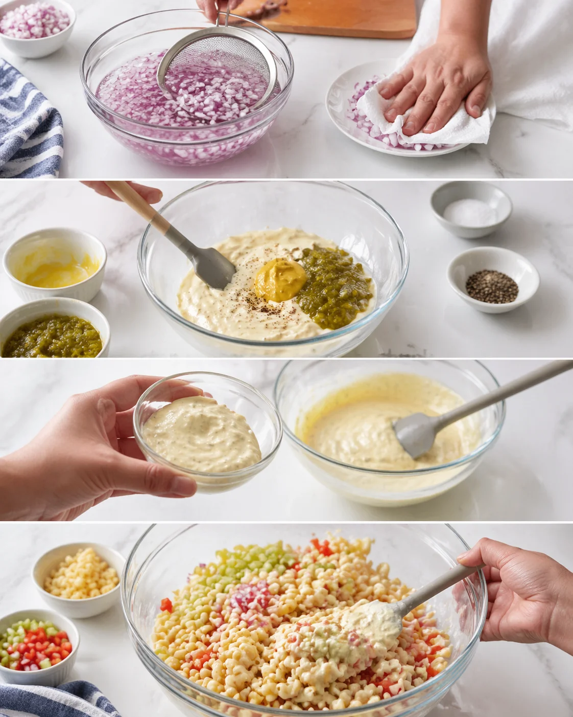 Bowl of creamy dressing being stirred with mustard and relish, reserved dressing in small bowl, macaroni and chopped vegetables being folded together.