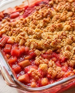 Final plated Juicy Rhubarb Crisp with Strawberry Jello served as a hero shot