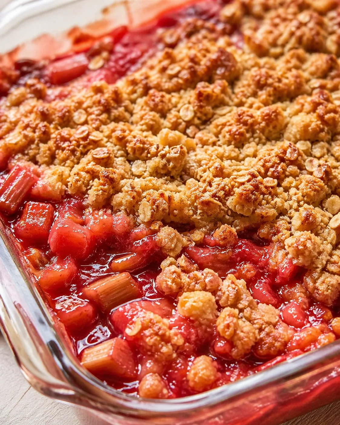 Final plated Juicy Rhubarb Crisp with Strawberry Jello served as a hero shot