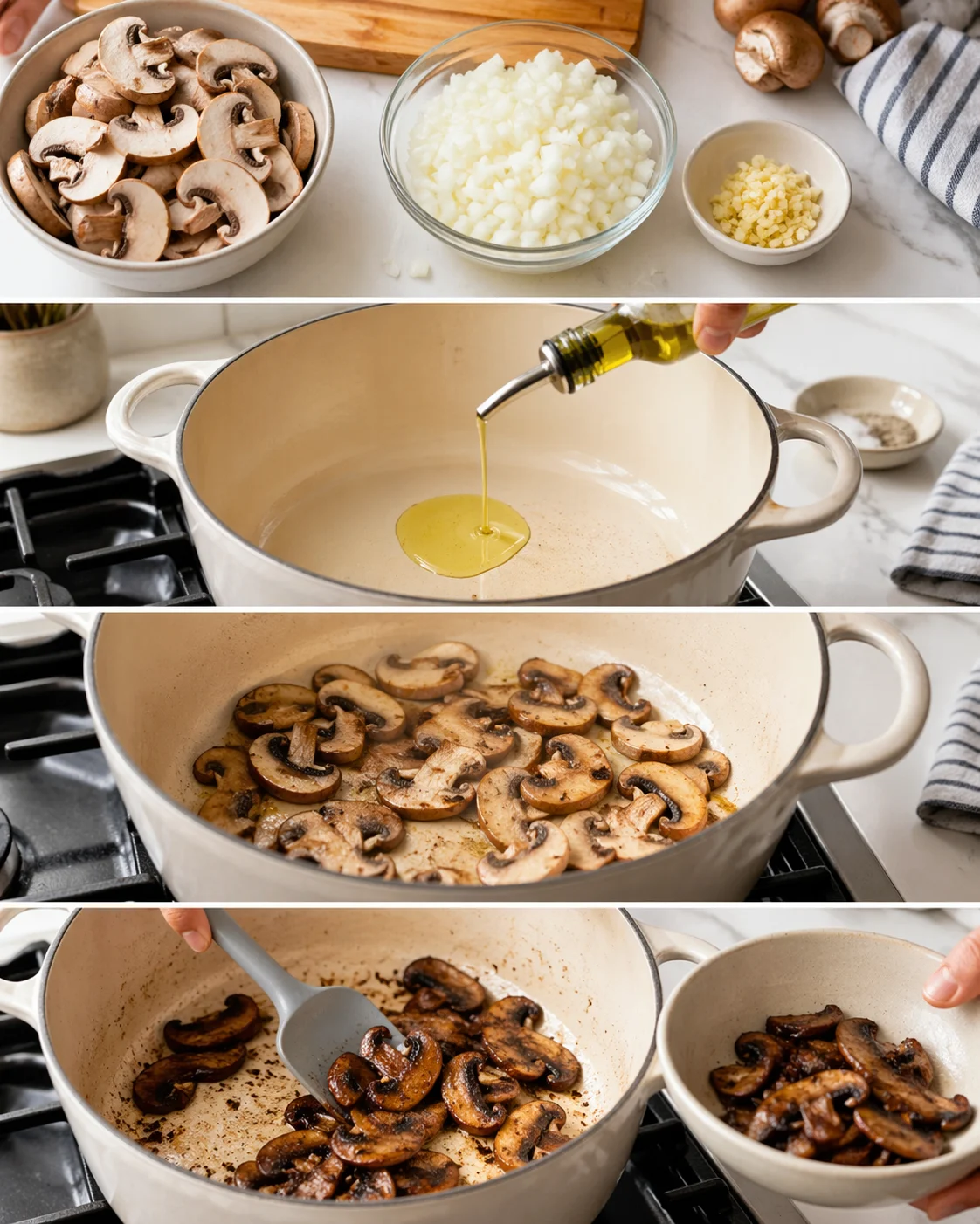 Sliced mushrooms, diced onion, and minced garlic beside a hot pot with browning mushrooms.