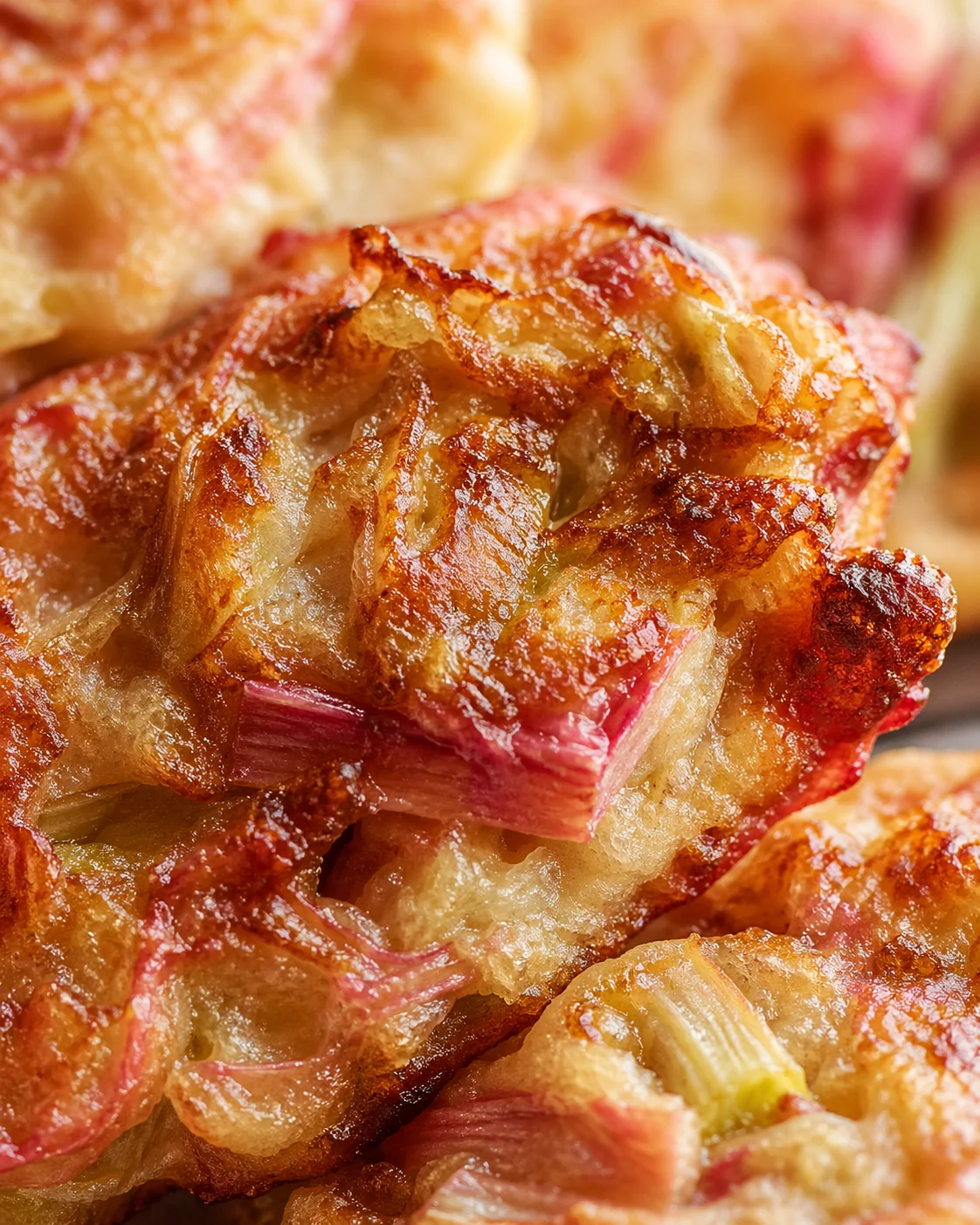 Tight detail shot of Baked Rhubarb Fritters highlighting texture