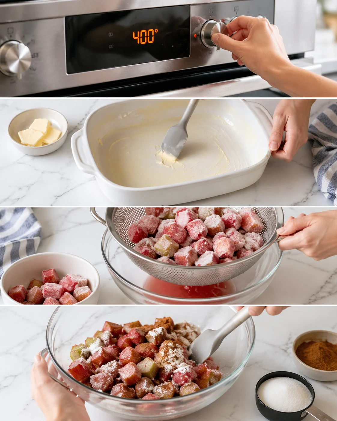 Large bowl of diced rhubarb coated in sugar, cinnamon, and cornstarch next to buttered casserole.