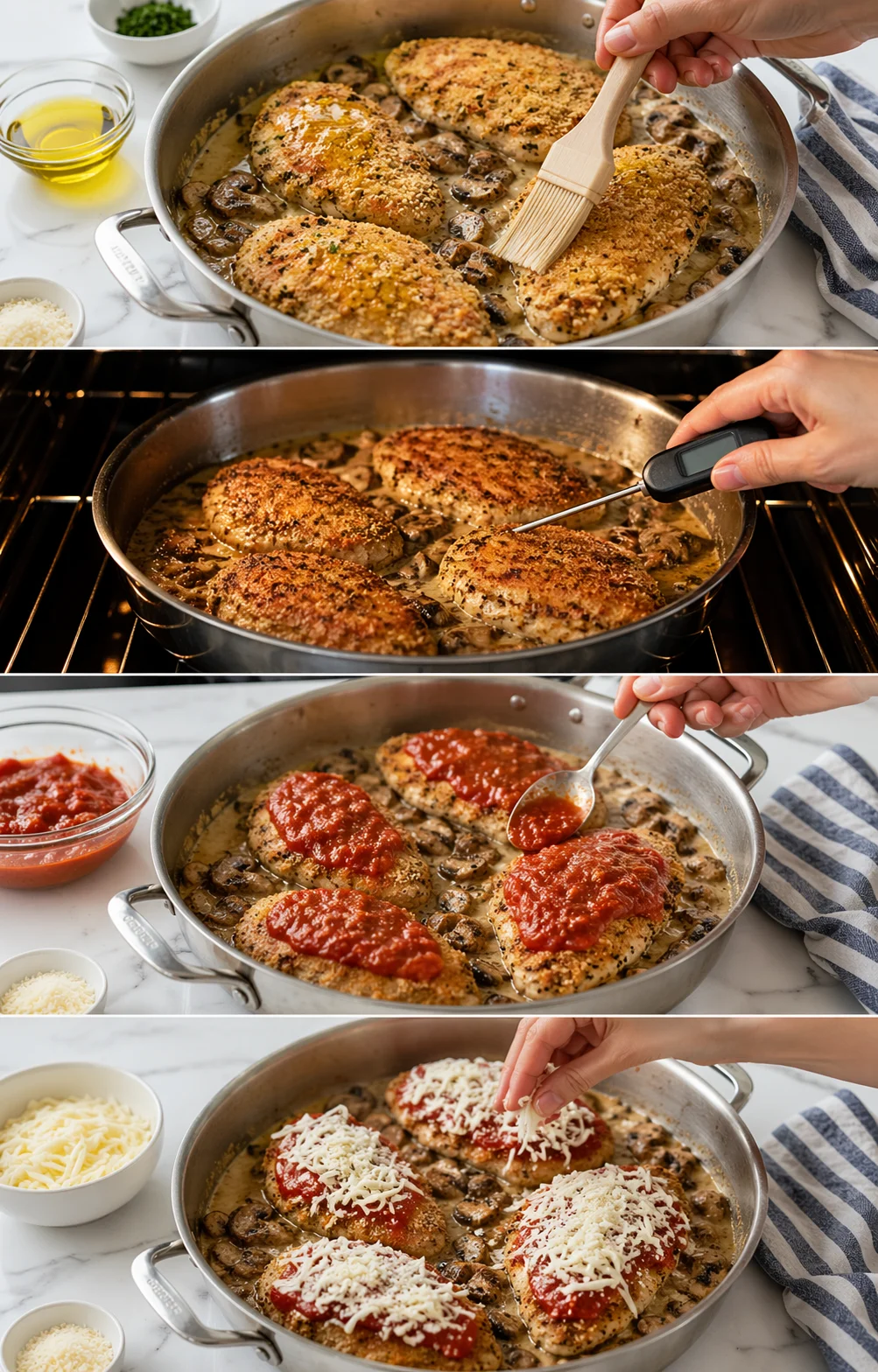 Golden breaded chicken brushed with olive oil, spooned marinara, and topped with mozzarella.