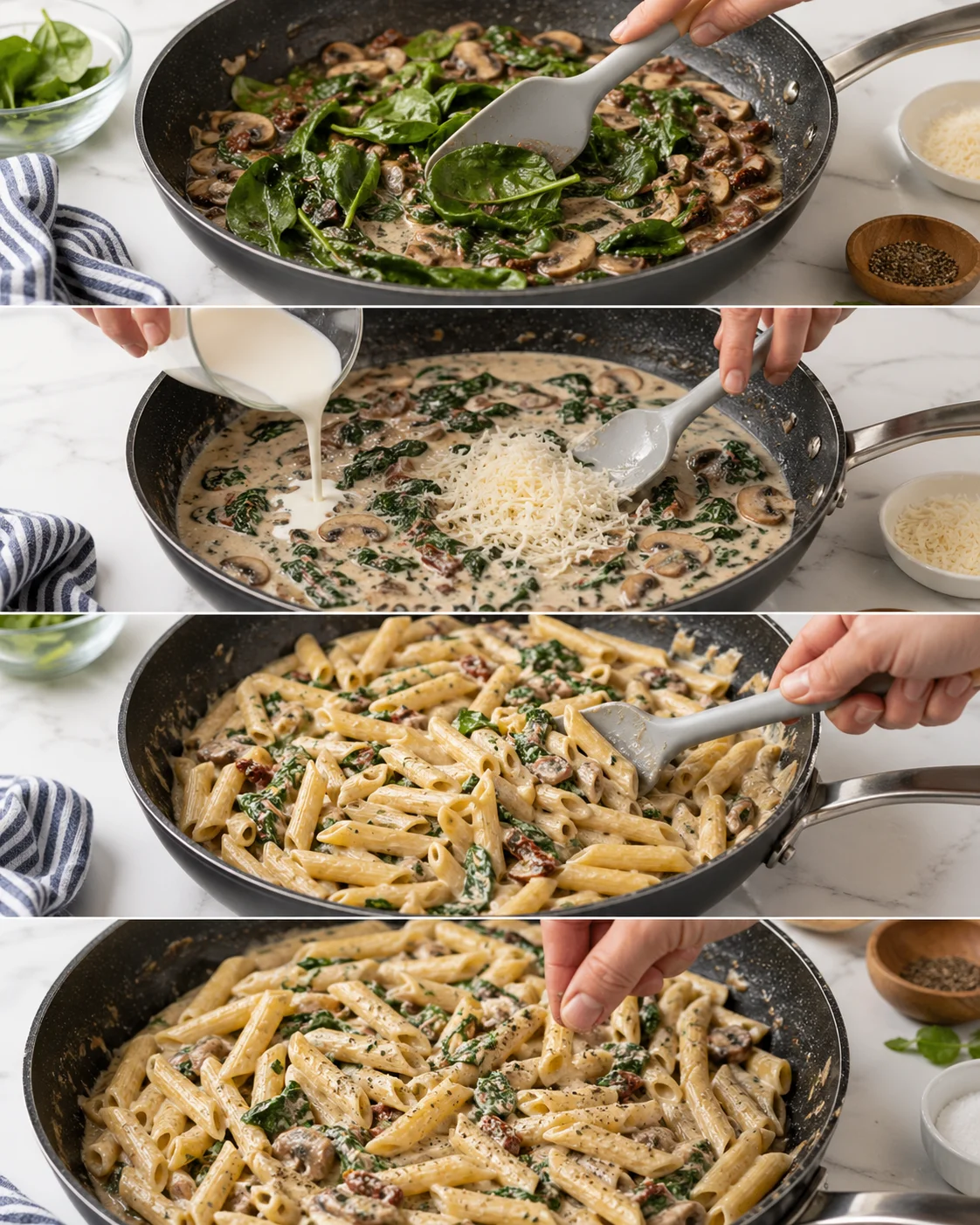 Skillet of creamy Parmesan sauce with wilted spinach and pasta being tossed, sprinkled with seasoning