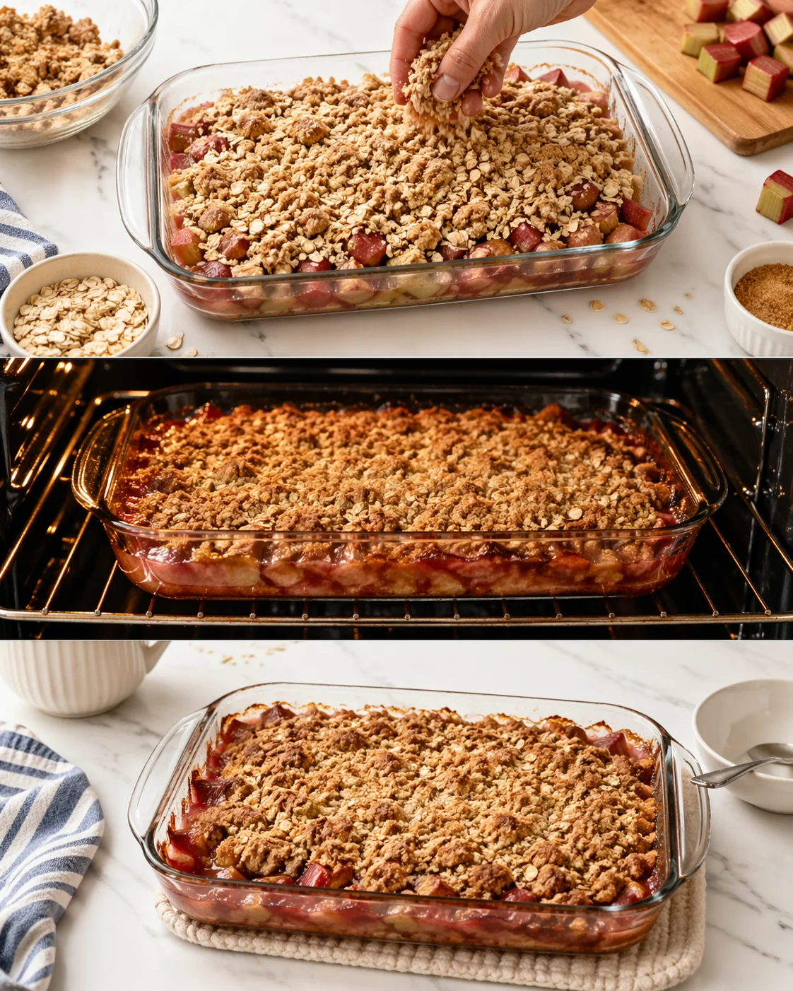 Golden oat topping with bubbling rhubarb filling visible at the dish edges, cooling on countertop.
