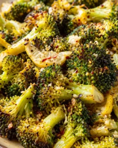 Final plated Lemon Garlic Roasted Broccoli Flavored and Savory Dish served as a hero shot