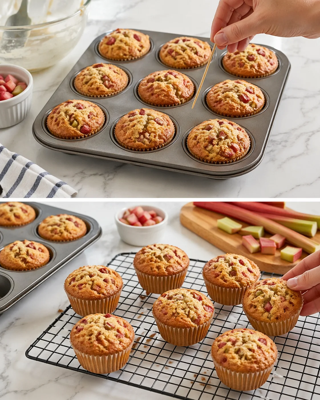 Golden-brown muffins cooling in tin, one removed and placed on wire rack to cool completely.