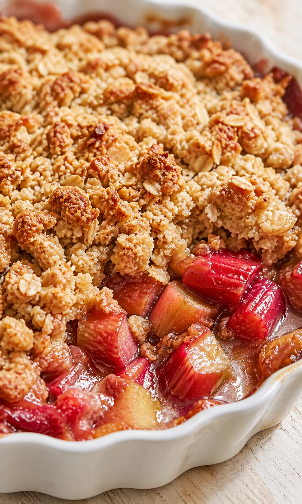 Final plated Classic Rhubarb Crisp with Frozen Rhubarb served as a hero shot
