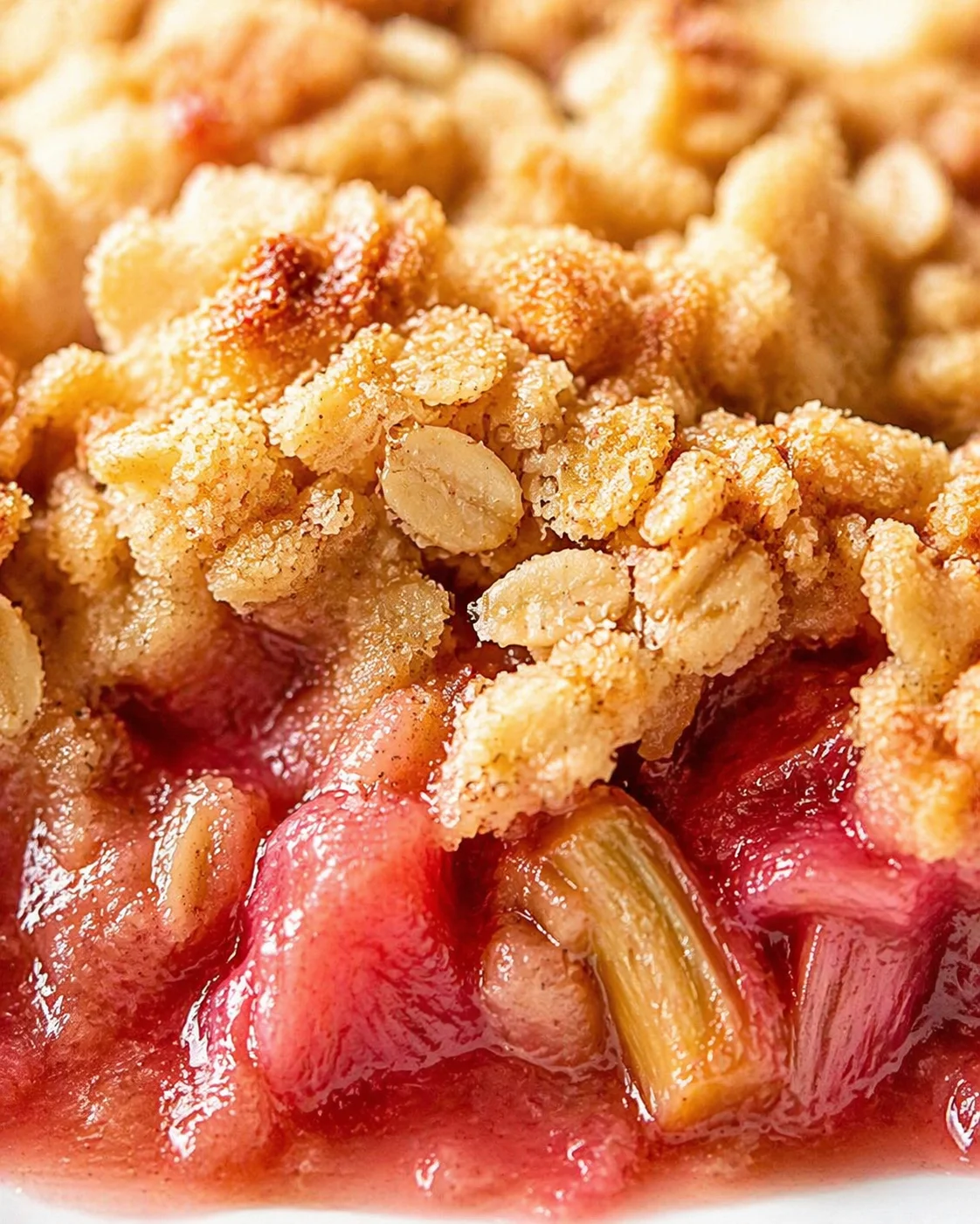 Tight detail shot of Classic Rhubarb Crisp with Frozen Rhubarb highlighting texture