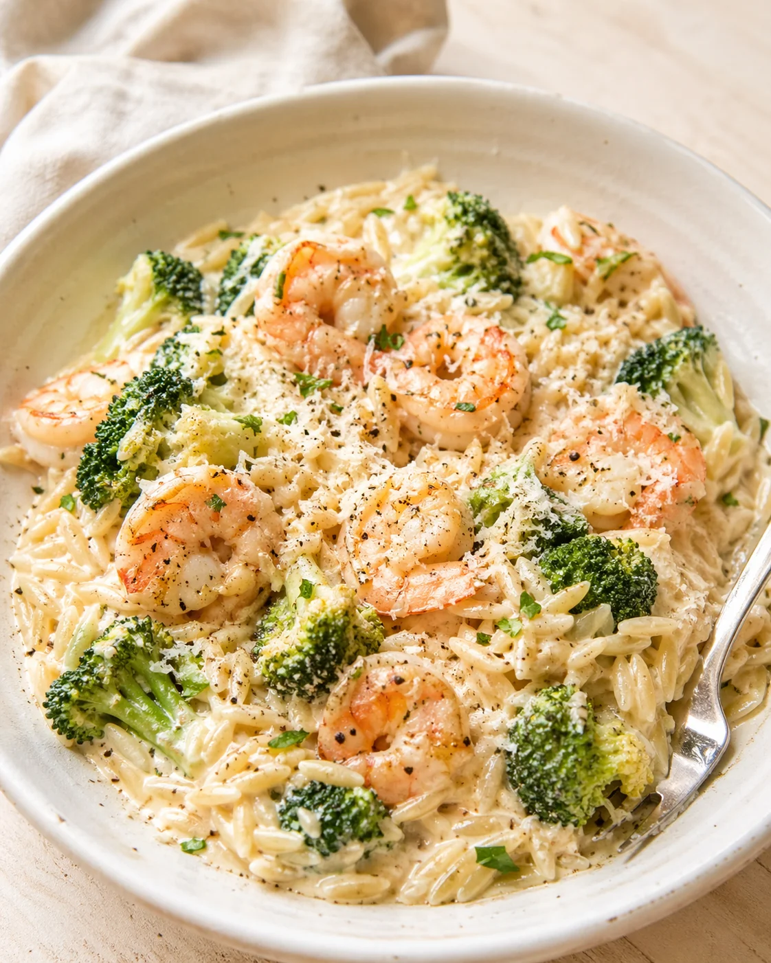 Single plated variation of Creamy Orzo Shrimp Broccoli A Delightful Dinner Recipe! - Dishes Tasty | Easy & Delicious Recipes shown in a natural kitchen scene