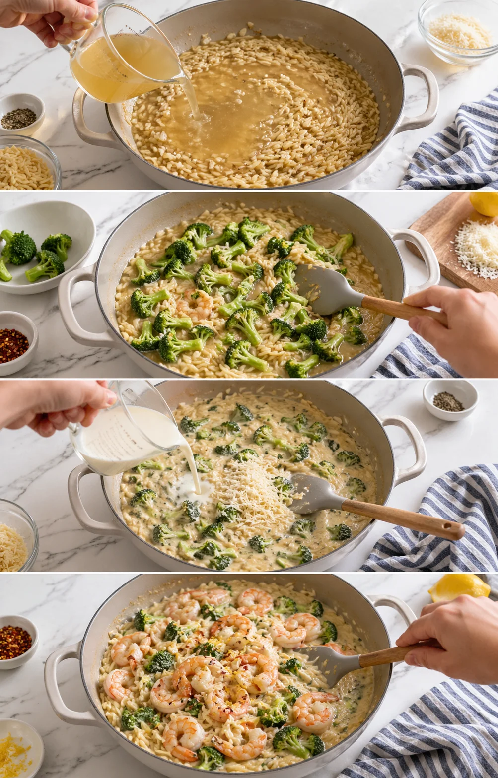Creamy orzo simmering in broth with broccoli, Parmesan stirred in, shrimp returned to the skillet.