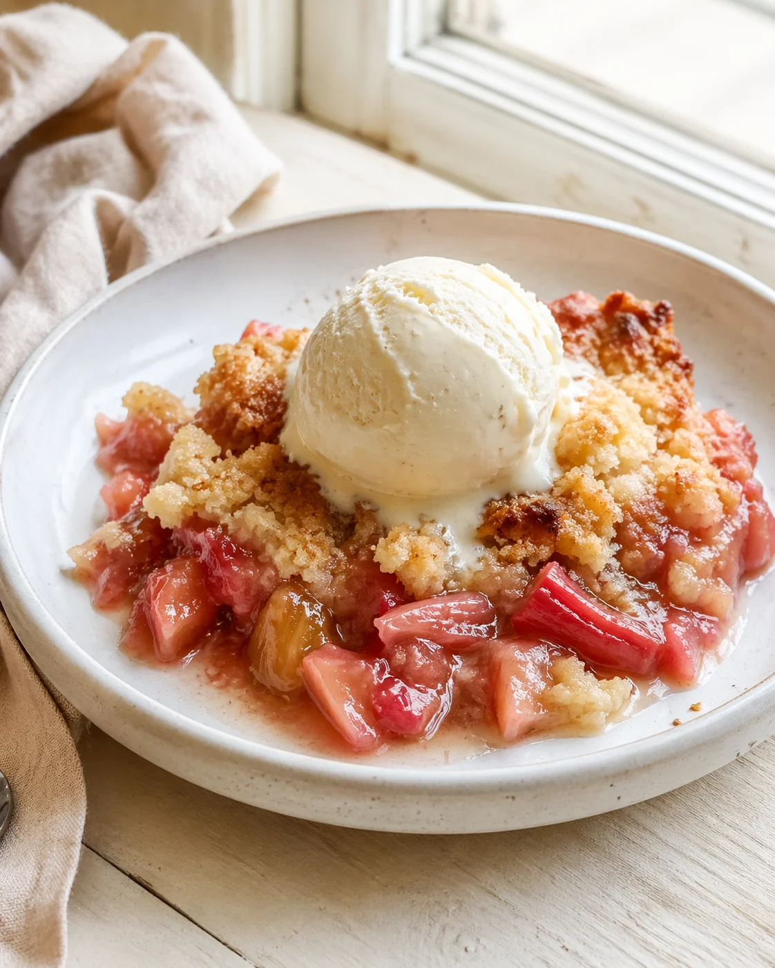 Single plated variation of Easy Rhubarb Dump Cake Recipe shown in a natural kitchen scene