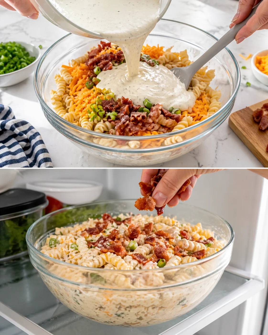 Creamy ranch dressing being poured over pasta salad, then tossed, finished with crispy bacon sprinkled