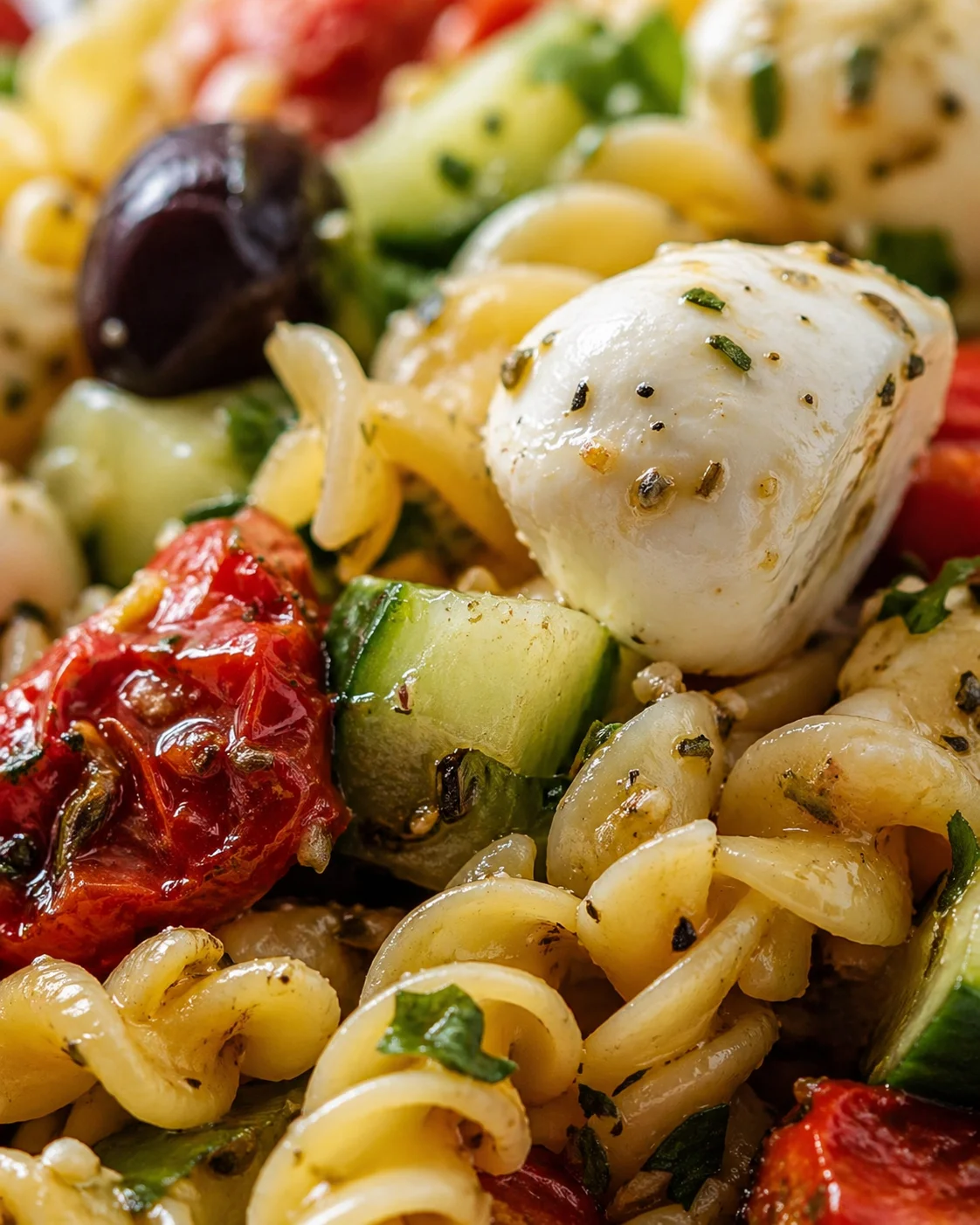 Tight detail shot of Irresistible Mediterranean Pasta Salad highlighting texture